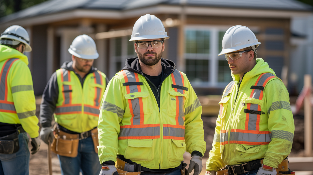 Professional workers in safety gear on property site