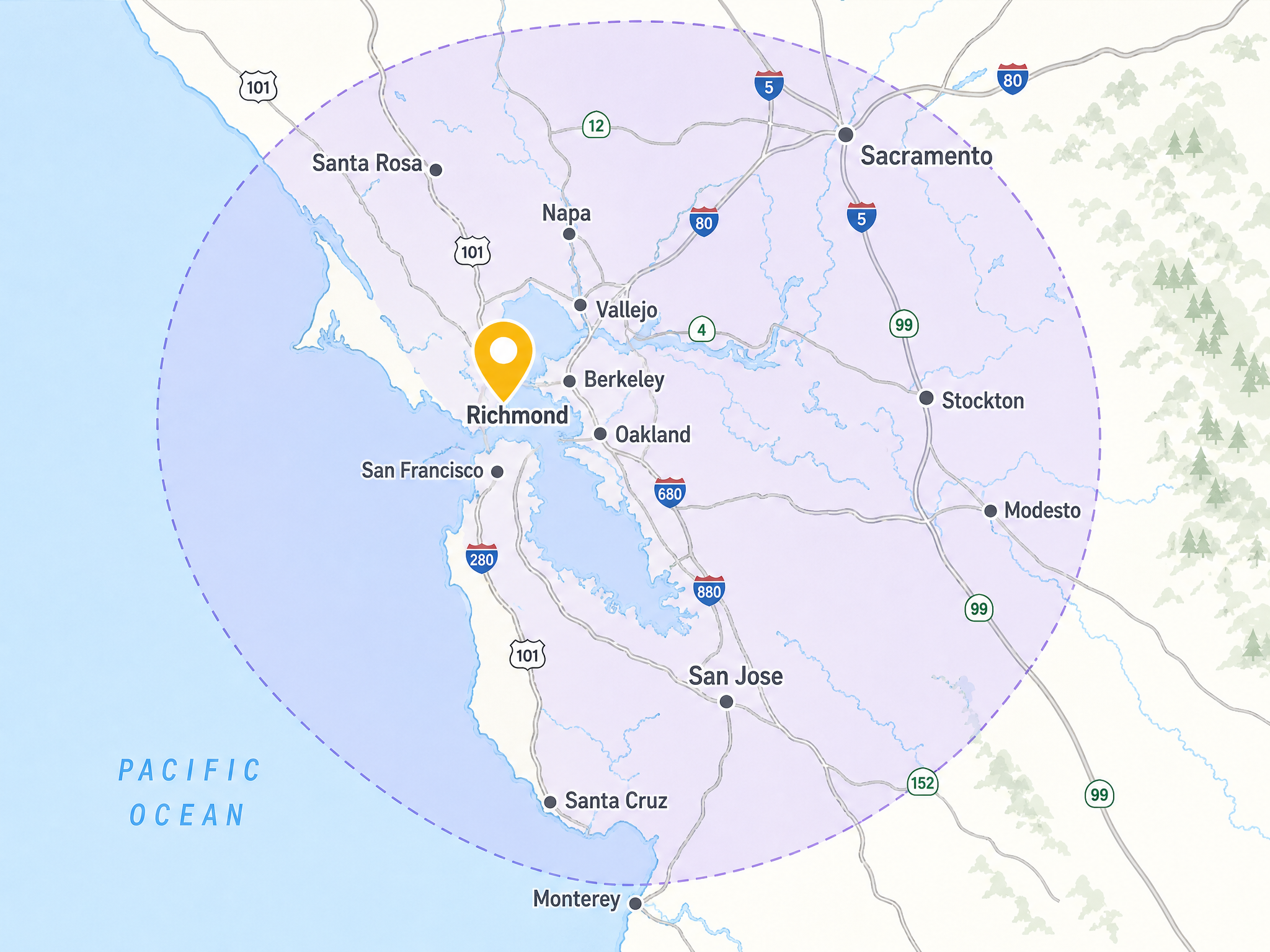 Map of 3LE Property Preservation service area — Richmond, CA with 100-mile radius covering the Bay Area, Sacramento, Stockton, Modesto, Napa, Santa Rosa, Santa Cruz, and Monterey